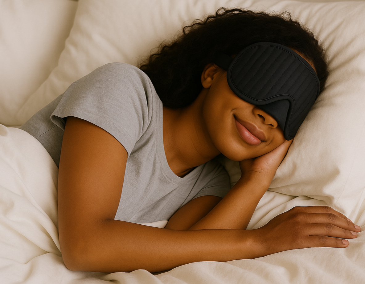Woman wearing a sleep mask in bed, smiling.
